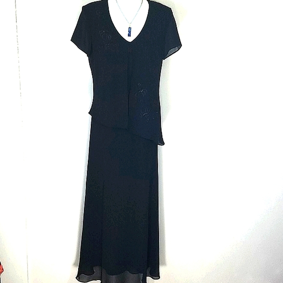 Dress Maxi crepe beaded black sheer short sleeves - Picture 1 of 13
